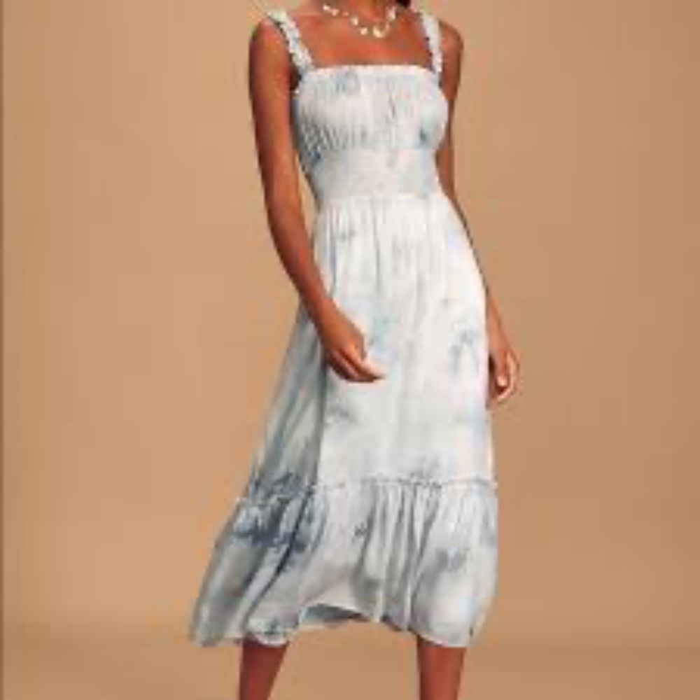 Lulu’s x Lush S Ruffle Luck Blue Tie-Dye Ruffled Midi Dress